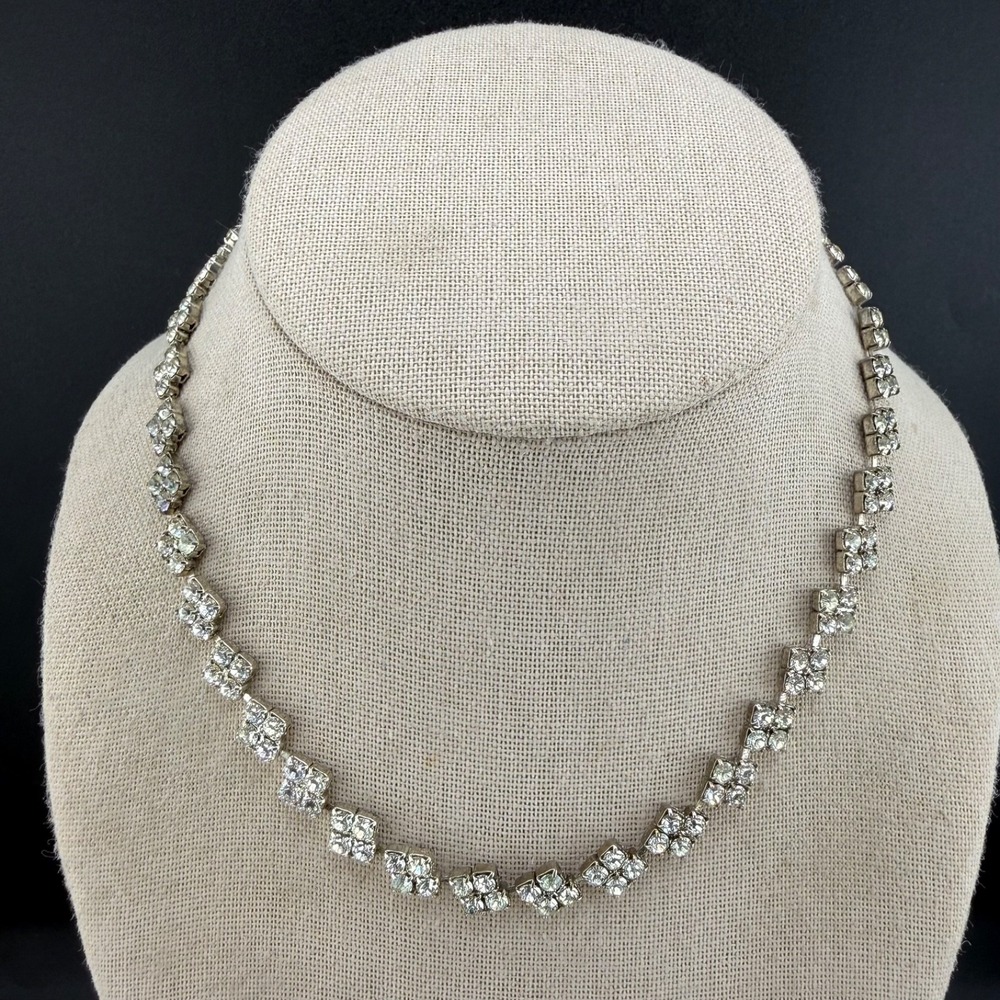 Vintage Rhinestone Necklace Estate Silver Tone Geometric 16”